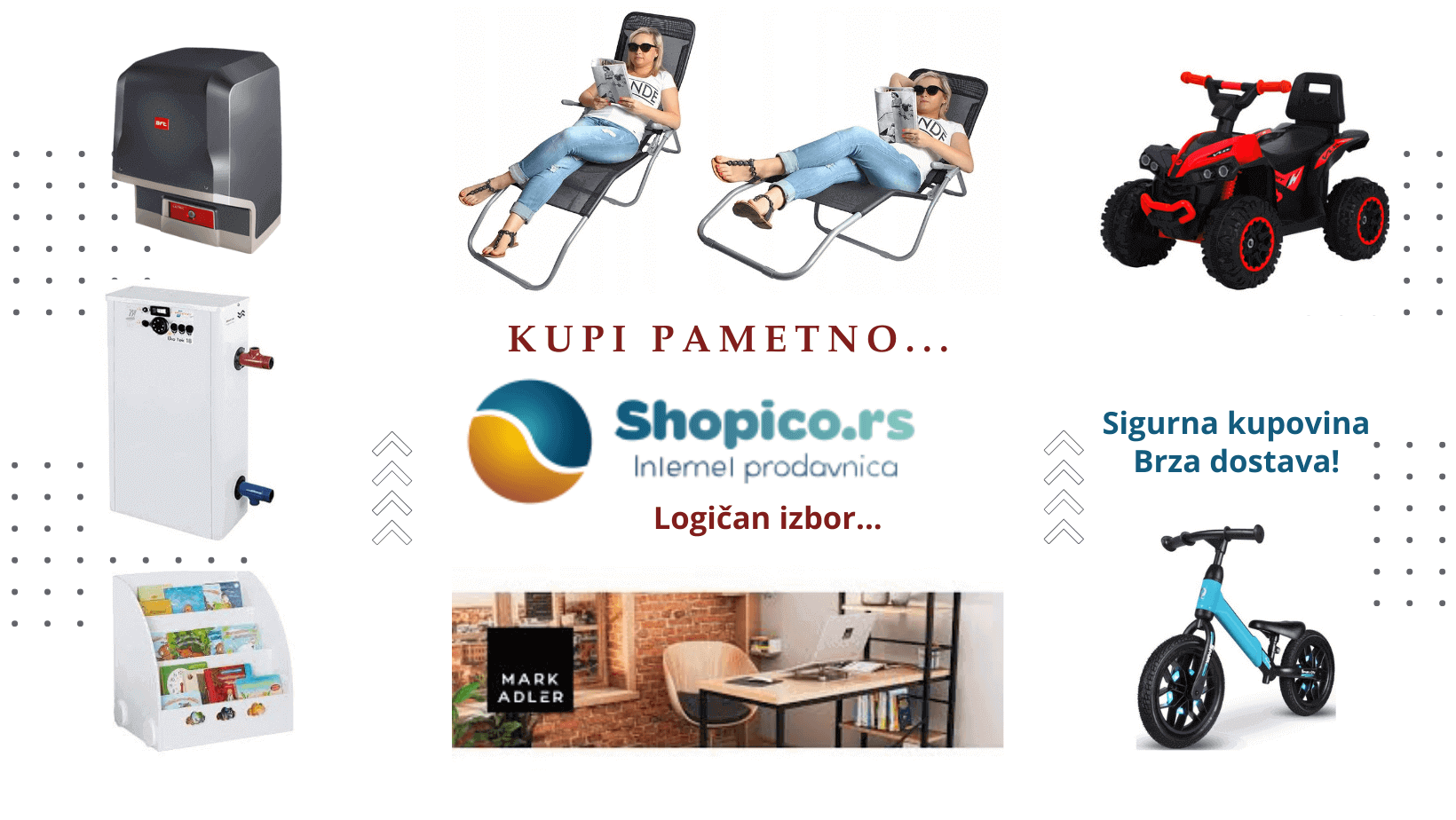 interfon, motori-za-kapije-cena, ljuljaska-za-dvoriste, lezaljka, kotao na struju, kotao za grejanje, biciklica, trotinet, inverziona klupa